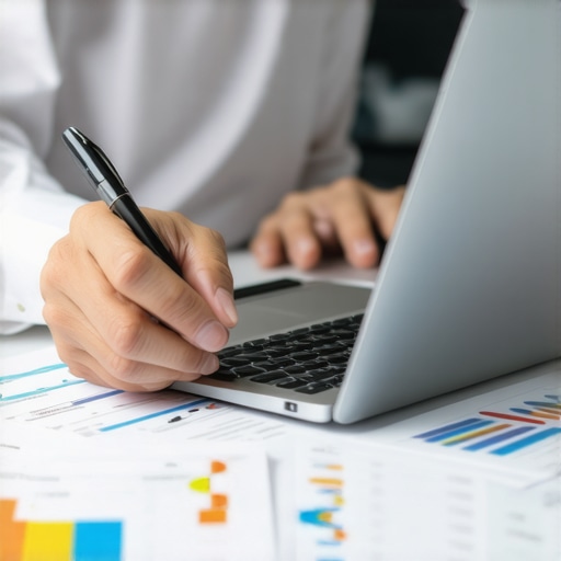 Accountant analyzing financial data on a laptop with graphs and charts.