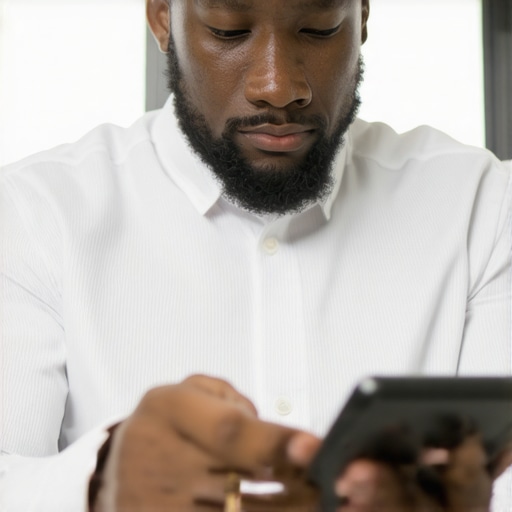 Accountant analyzing digital financial reports on a tablet, symbolizing integration of technology and professional insight in bookkeeping.
