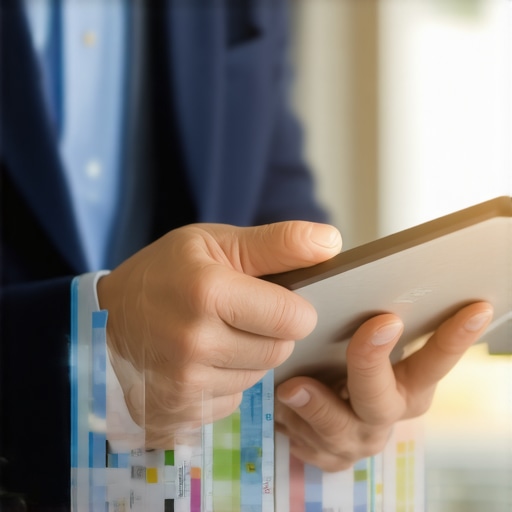 Accountant using tablet to analyze financial data in a modern office environment.