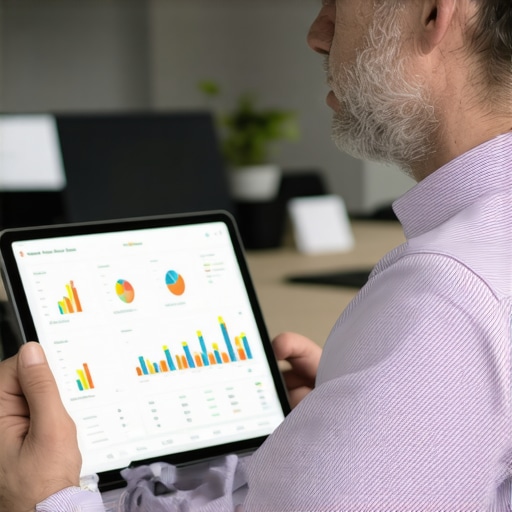 Business owner analyzing financial data on a tablet in an office setting