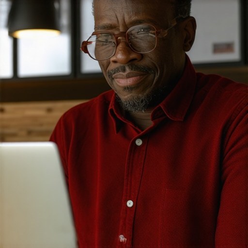 Business owner managing payroll with smart software in an office setting