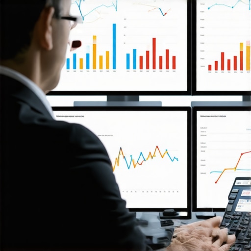 Accountant analyzing data dashboards with graphs and predictive analytics