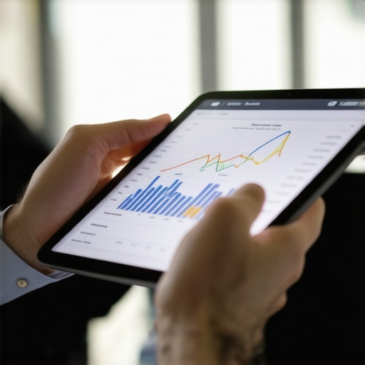 Business owner reviewing financial analytics on a tablet with charts and graphs.