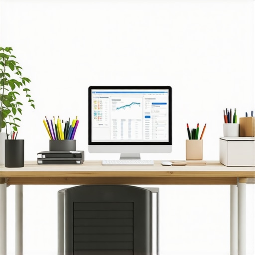 Modern Payroll Automation Workspace A professional working on payroll automation tools on a computer in a sleek office environment.