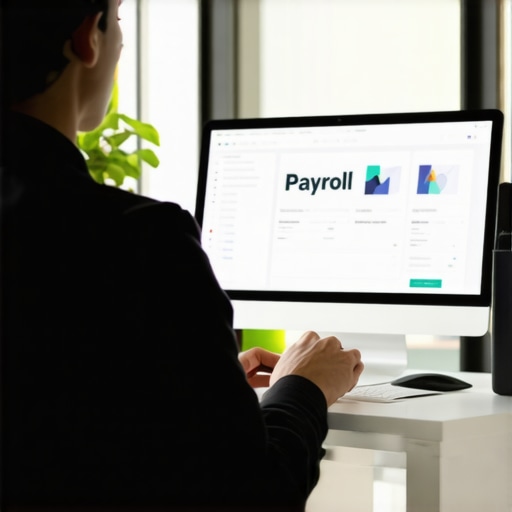 Person working on payroll software in a contemporary office setting.