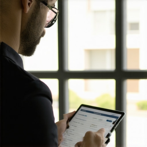 Business owner reviewing payroll data on tablet in office.