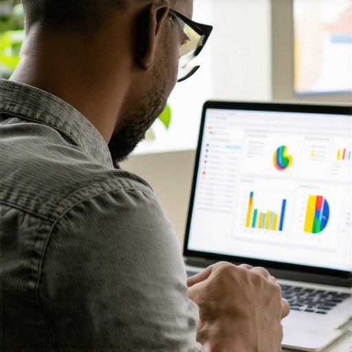 Business owner working on financial data with accounting software on laptop in office.