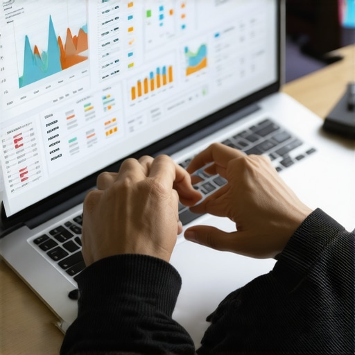 Person working on laptop with financial data and receipts for seamless bookkeeping