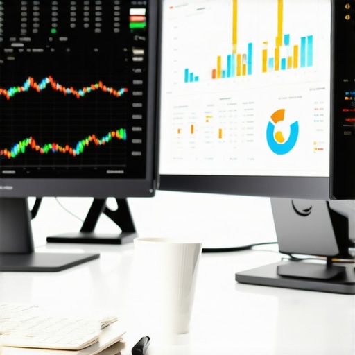 A modern office setup with dual monitors showing bookkeeping and payroll software, symbolizing organized financial processes.