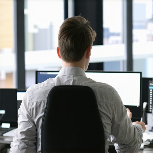 Accountant working on digital bookkeeping tools with AI integrations in a contemporary office.