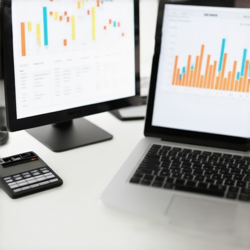 A workspace showing a laptop with bookkeeping software open, financial charts, and organized documents, symbolizing efficient financial management.