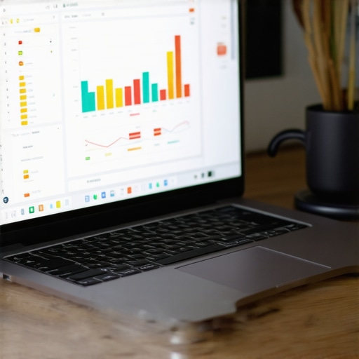 A clean workspace with a laptop displaying bookkeeping software, charts, and financial documents.