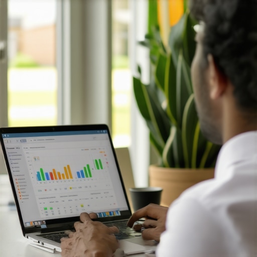 Business owner managing payroll with smart CPA tools on laptop in a modern office.