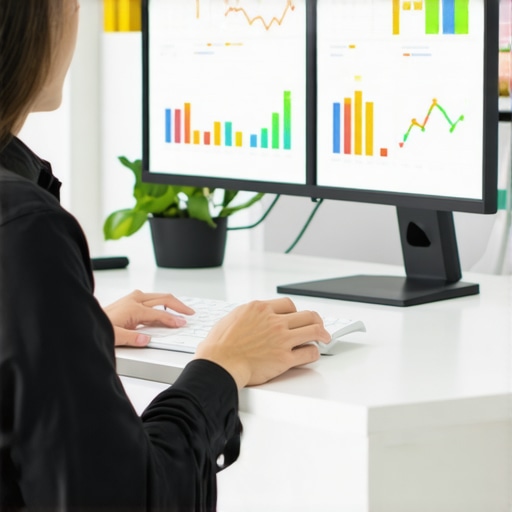 Accountant working on digital bookkeeping tools in a modern office