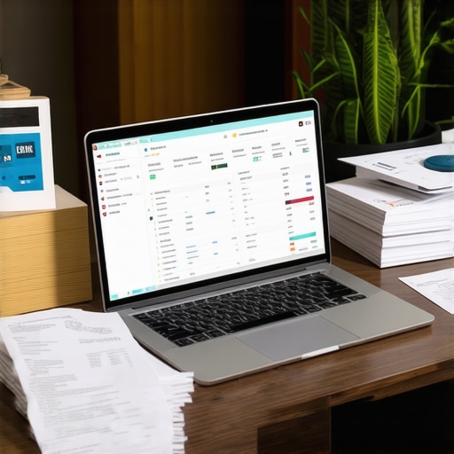 Laptop showing financial management software surrounded by documents indicating organized bookkeeping