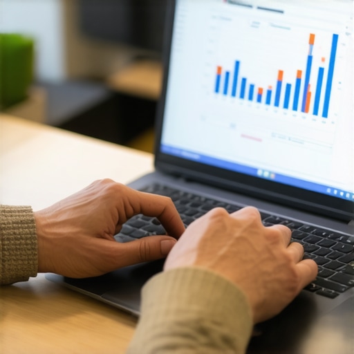 Efficient Financial Management with Smart Tools Accountant working with financial software on a laptop, illustrating efficient bookkeeping and payroll management.