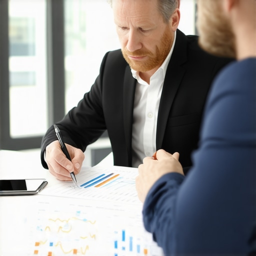Accountant and business owner discussing finances with charts in the background