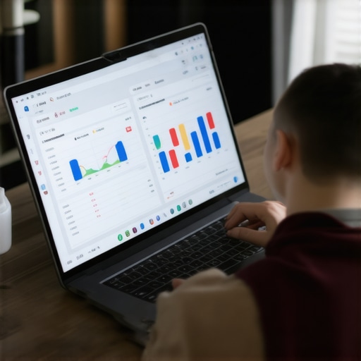 A person analyzing financial data on a laptop with dashboard analytics for bookkeeping and payroll management