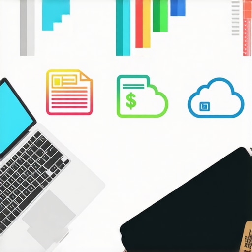 Workspace with scanner, laptop, cloud storage icons, and financial documents.