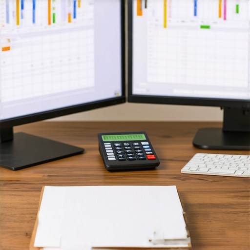 Organized Accounting Workspace with Dual Monitors A professional accounting setup featuring dual monitors with financial dashboards, including notebooks and a calculator on a tidy desk.