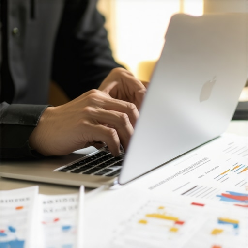 Business owner managing finances digitally with graphs and receipts