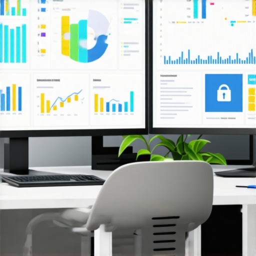 A workspace setup featuring multiple screens showing bookkeeping and payroll software interfaces.