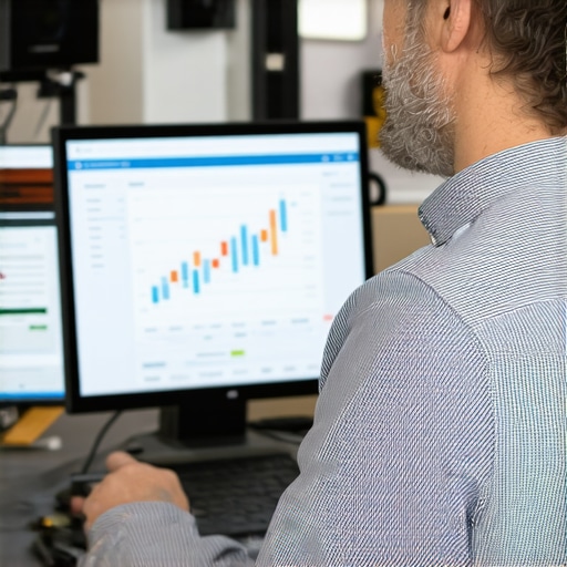 Business owner managing payroll and bookkeeping on a laptop with financial charts and tax documents.