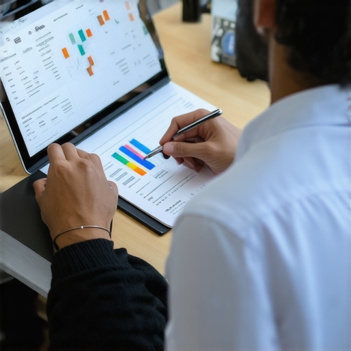 Business owner and CPA analyzing financial documents together with laptops and tablets