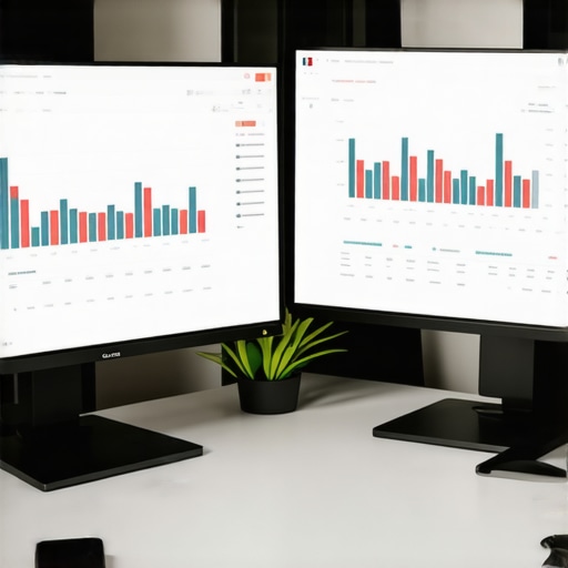 Workstation with financial graphs and accounting applications on screens.