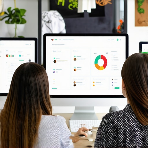 Team analyzing payroll software system on computers