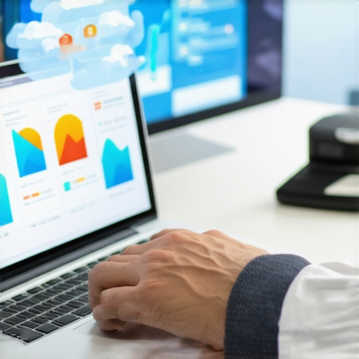 Accountant working on payroll management software on a laptop in an office setting.