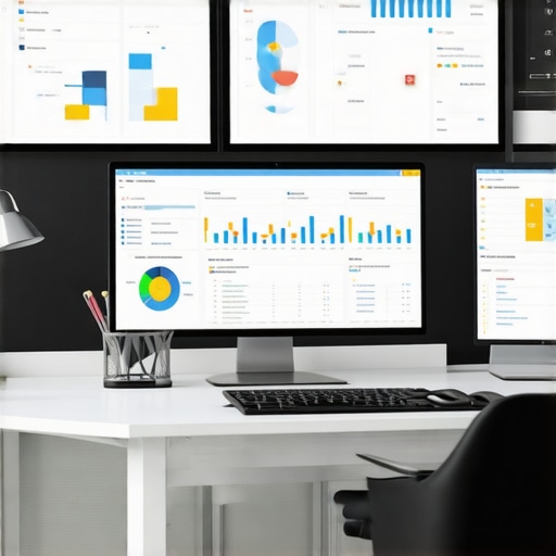 A workspace showing digital accounting dashboards on multiple screens