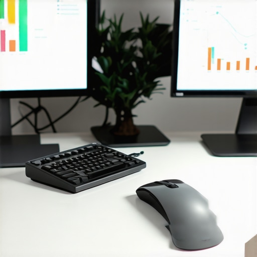 Accountant using advanced financial software on multiple screens in a modern office