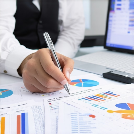 Accountant managing financial tools on a computer with charts and documents