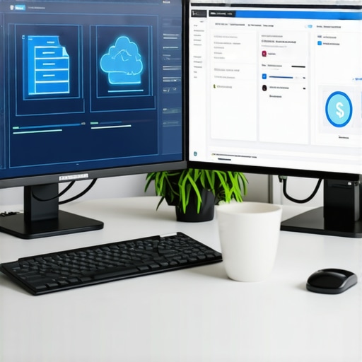 Person working on bookkeeping tasks with dual monitors showing financial data and cloud storage