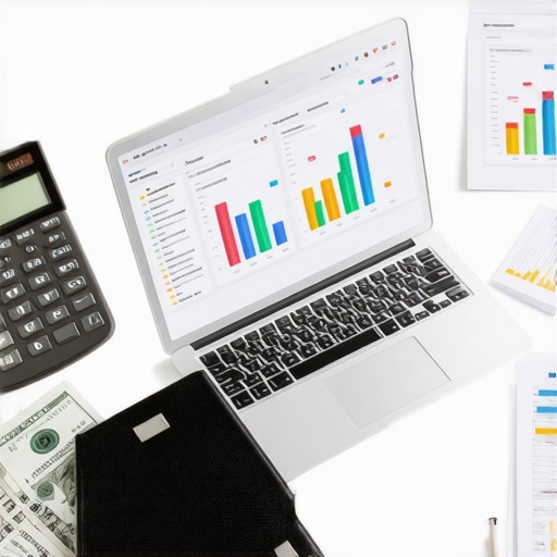 Laptop displaying financial dashboard with spreadsheets, emphasizing digital bookkeeping and payroll tools.