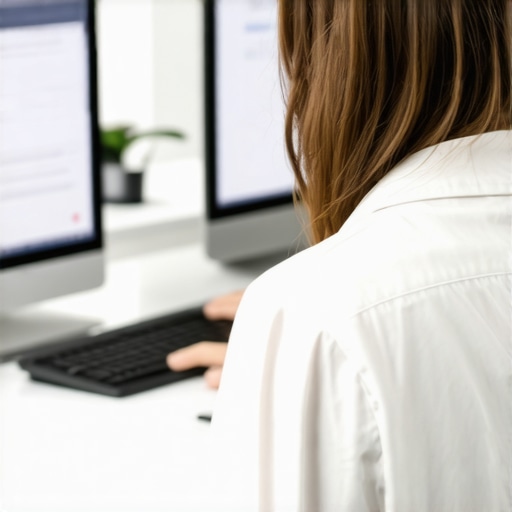 A professional managing financial software on a laptop in a contemporary office environment