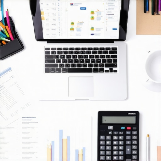 A workspace featuring a laptop with accounting software open, illustrating digital bookkeeping tools.