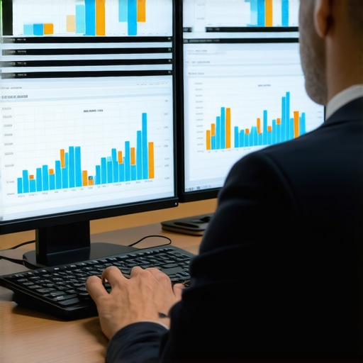 Accountant analyzing multi-currency financial data on a dashboard with charts