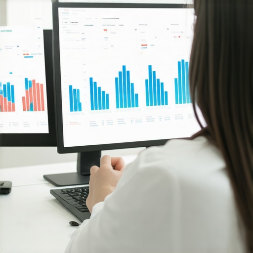 A business person analyzing payroll data on a screen with compliance graphs.
