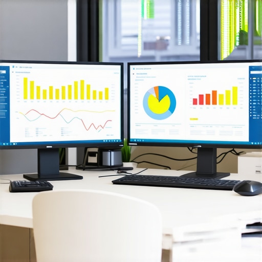 A sleek workspace showing real-time financial data on screens