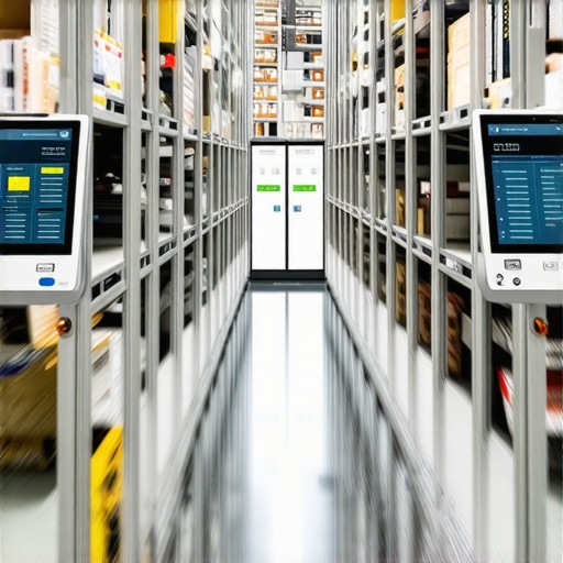 A modern warehouse with digital inventory dashboards on tablets.