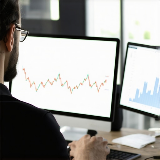 Person analyzing blockchain transactions on screen with financial charts.