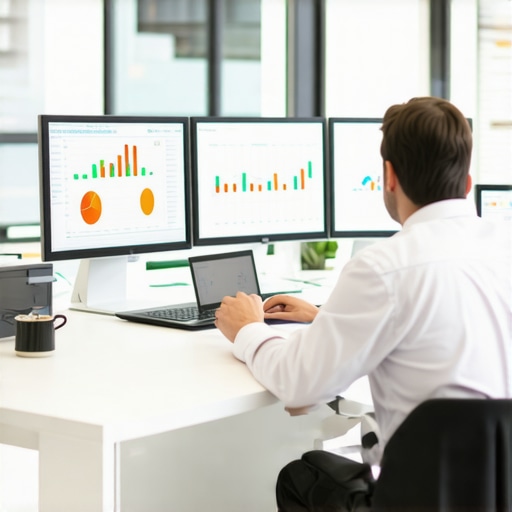 Accountants working with cutting-edge CPA software on multiple monitors in a sleek office environment.