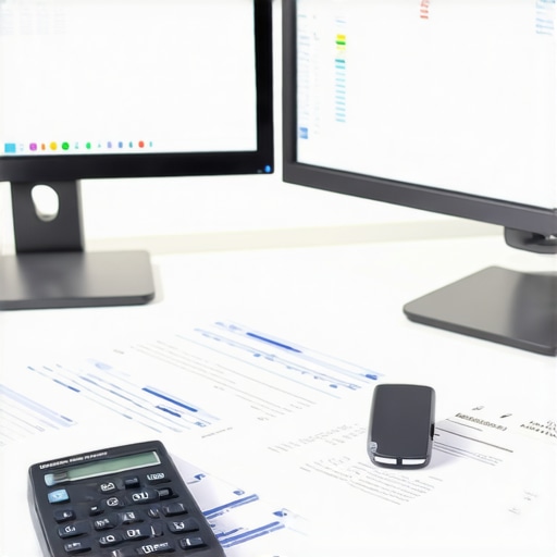A professional accountant working on a digital bookkeeping system with multiple screens showing financial data.
