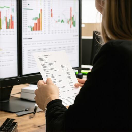 Business owner reviewing receipts and bookkeeping data on a laptop