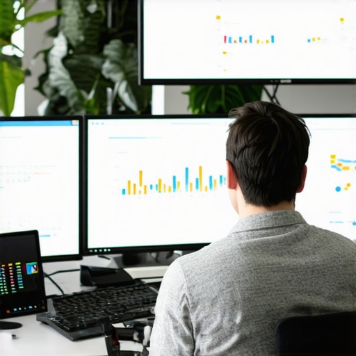 Accountant managing payroll software on dual monitors in a contemporary office