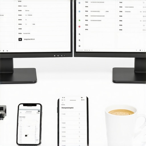Efficient Accounting Workspace A modern workspace with screens showing bookkeeping tools and receipt scans, illustrating effective financial management.