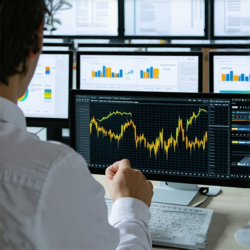 Accountant analyzing bookkeeping data on multiple screens with charts and graphs
