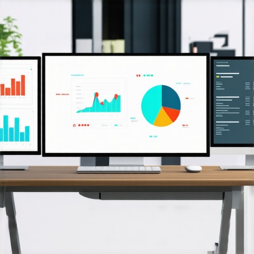 Workspace with bookkeeping and payroll software on multiple screens.